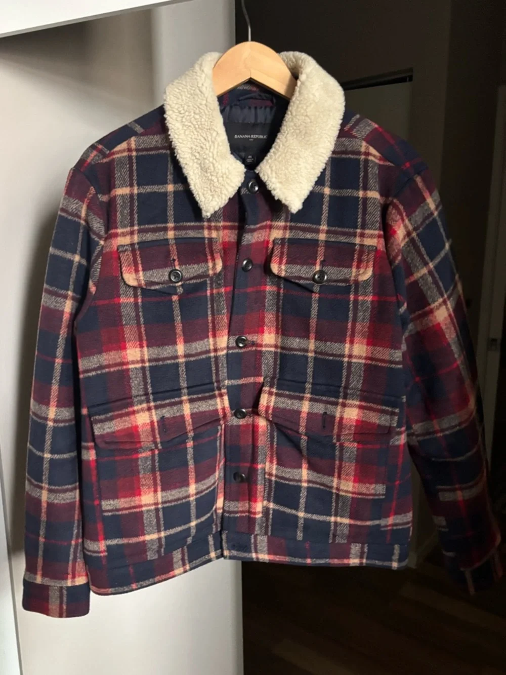 Banana Republic Navy and Red Plaid Sherpa-Collar Field Jacket - Picture 1 of 4